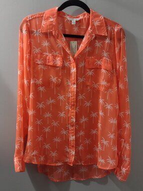 American Eagle Outfitters NWT Sheer Orange Button Down White Palm Trees Size XL